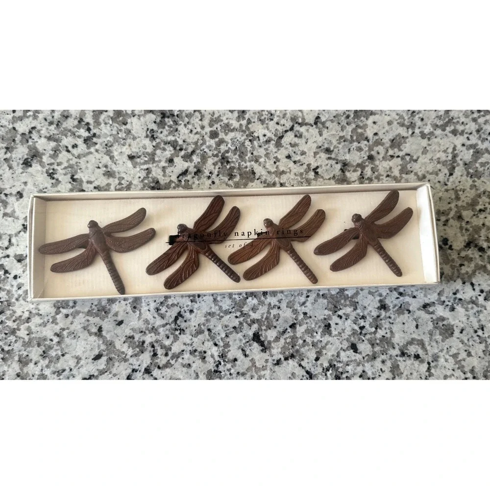 Set of 4 Pier 1 Imports Cast Iron Dragonfly Napkin Rings in Box